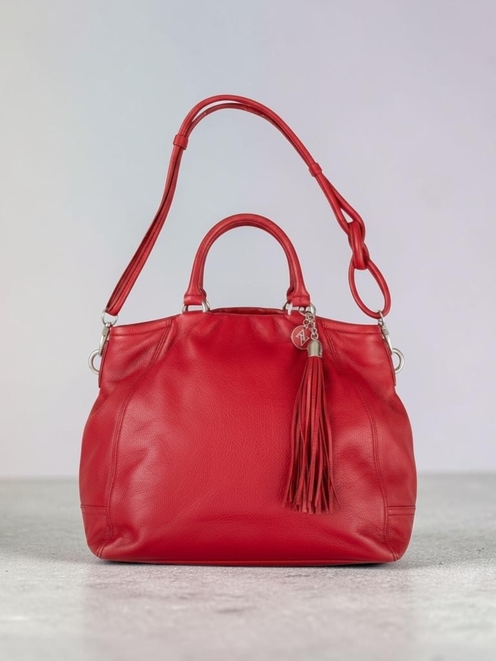 Adrienne Vittadini Red Pebble Leather Slouchy Tote Bag with Tassel